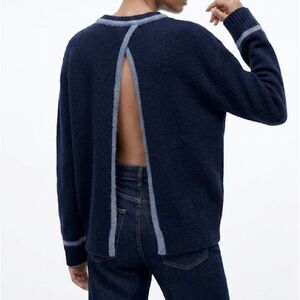 ZARA Navy Soft Knit Open Back Sweater Contrasting Trim Blue M Back Interest
